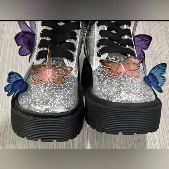 Dolls Kill Club EXX 3D butterfly Terrarium combat boots silver glitter size 5