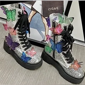Dolls Kill Club EXX 3D butterfly Terrarium combat boots silver glitter size 5