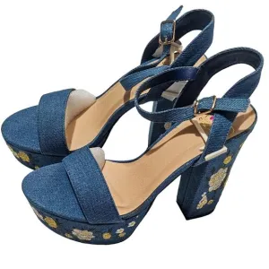 Dolls Kill New Forum embroidered denim platform sandals heels size 6