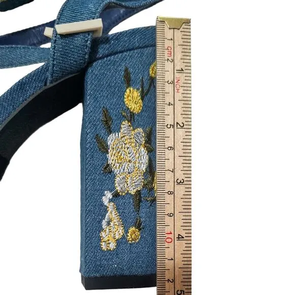 Dolls Kill New Forum embroidered denim platform sandals heels size 6