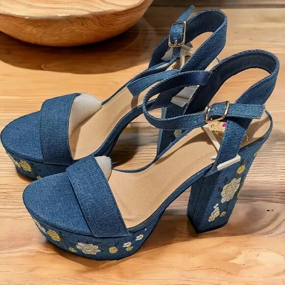 Dolls Kill New Forum embroidered denim platform sandals heels size 6