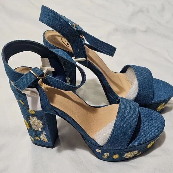 Dolls Kill New Forum embroidered denim platform sandals heels size 6