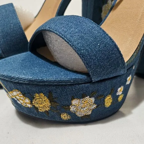 Dolls Kill New Forum embroidered denim platform sandals heels size 6