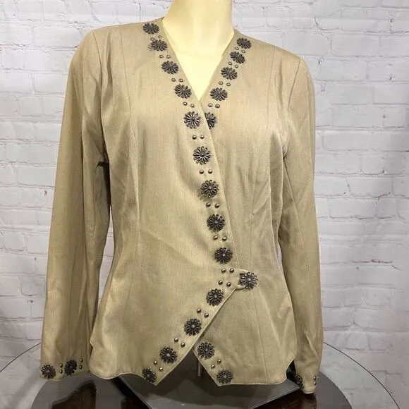 DOUBLE D RANCH tailored blazer with metal flower button embellishments. Medium