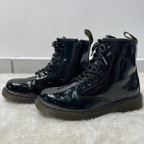 Dr Martens #1460 Kid's Black Ankle Lace Up Glossy Boots Round Toe Shoes Size 3