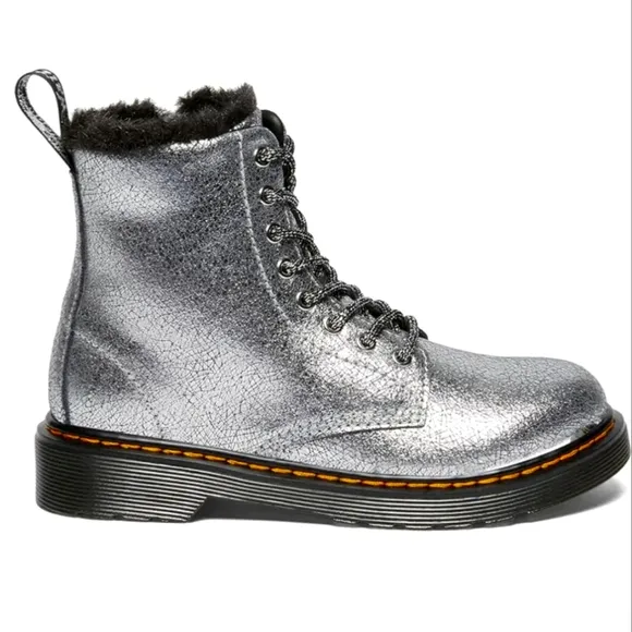 Dr. Martens Boots Metallic Silver Foiled Leather Toddler Girls Kids Shoes Size 8