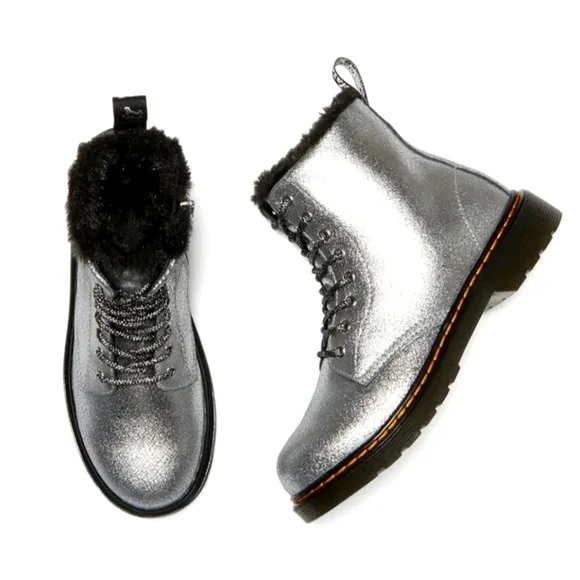Dr Martens boots Serena distressed silver foil metallic kids shoes toddler 8