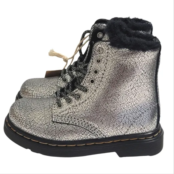 Dr Martens boots Serena distressed silver foil metallic kids shoes toddler 8