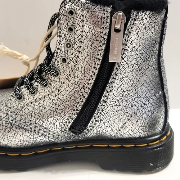 Dr Martens boots Serena distressed silver foil metallic kids shoes toddler 8