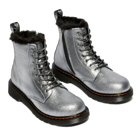 Dr Martens boots Serena distressed silver foil metallic kids shoes toddler 8