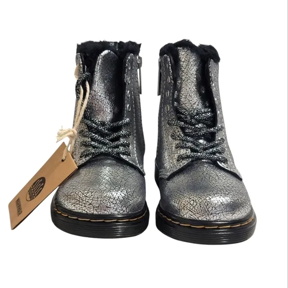 Dr Martens boots Serena distressed silver foil metallic kids shoes toddler 8