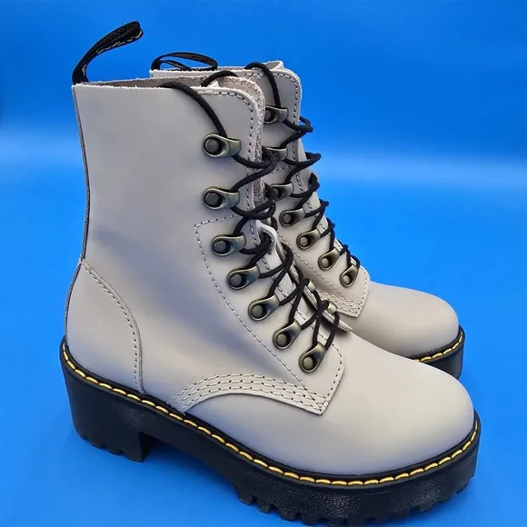 Dr. Martens Leona Women Size 6 Vintage-Look Taupe/Pink Leather Lace-Up Boots NEW