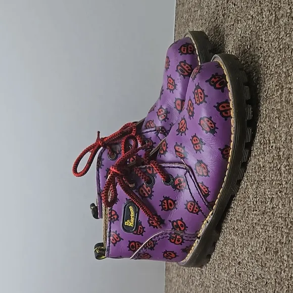 Dr Martens Purple Ladybug Leather Boots DMs Vintage 90s Made in England SZ 4