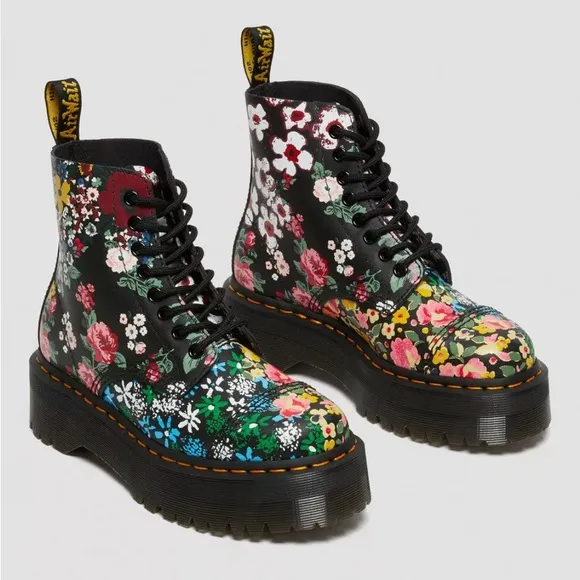 Dr. Martens SINCLAIR FLORAL MASH UP BACKHAND LEATHER PLATFORM BOOTS size 6