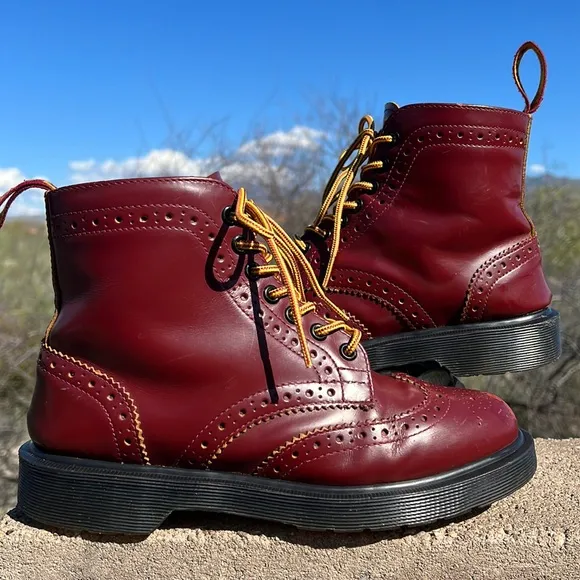 Dr. Martens Vintage 7 Eye Red &amp; Yellow Brogue Wingtip Boots
