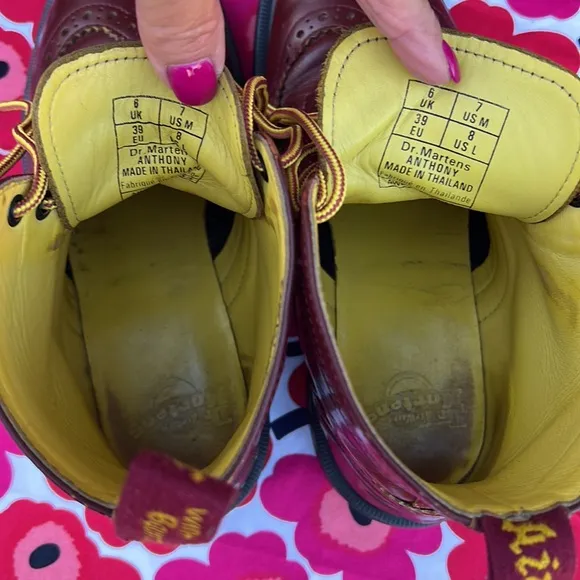 Dr. Martens Vintage 7 Eye Red &amp; Yellow Brogue Wingtip Boots