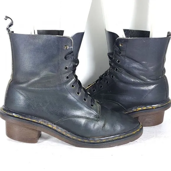 Dr. Martens Women's VTG Clemency US7,5? Smooth Black Leather LaceUp Heels Boots