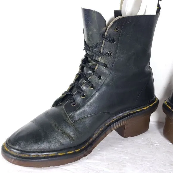 Dr. Martens Women's VTG Clemency US7,5? Smooth Black Leather LaceUp Heels Boots