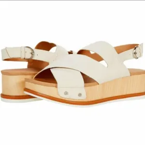 Dr Scholl's Sandals Wood Platform Leather Off White Metallic Buckle Slingback 9