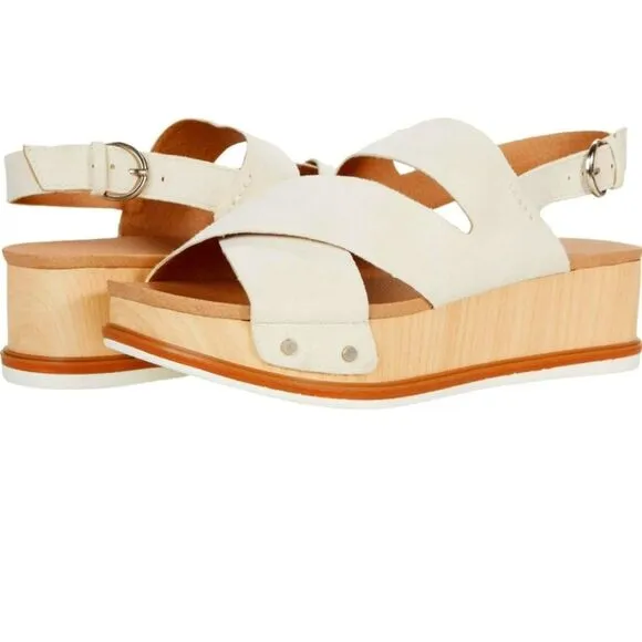Dr Scholl's Sandals Wood Platform Leather Off White Metallic Buckle Slingback 9