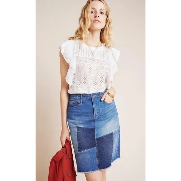 Driftwood Anthro Saydi Patchwork Denim Jean Boho Hippie A line skirt womens 26 4