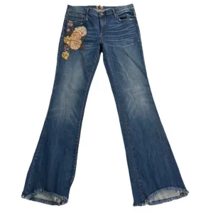 Driftwood Anthropologie Eva Floral Embroidered Mid Rise Stretch Flare Jeans 31