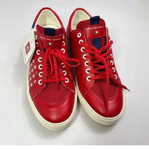 Duca Del Cosma Leather Sneakers Polka Dot Casual Shoes Red White Size