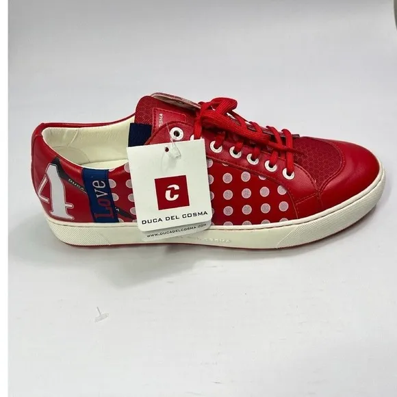 Duca Del Cosma Leather Sneakers Polka Dot Casual Shoes Red White Size