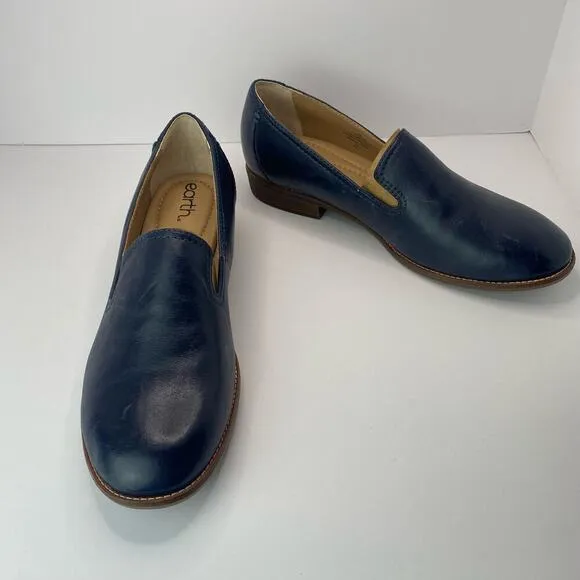 Earth Stedna Women's Edna Navy Leather Round Toe Casual Slip-On Flat Loafers 7
