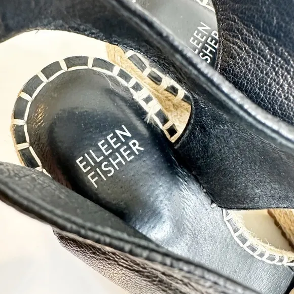 Eileen Fisher Agnes Slip On Espadrilles Wedge Sandals Black Leather Women's 7