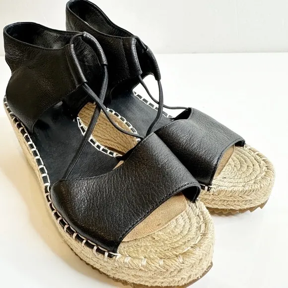 Eileen Fisher Agnes Slip On Espadrilles Wedge Sandals Black Leather Women's 7