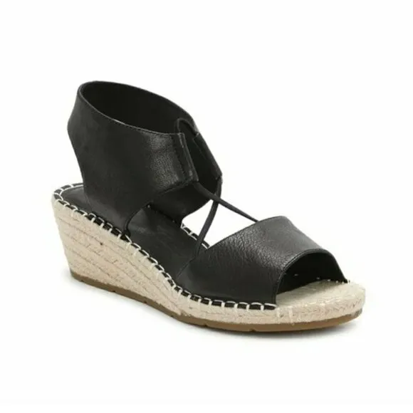 Eileen Fisher Agnes Slip On Espadrilles Wedge Sandals Black Leather Women's 7