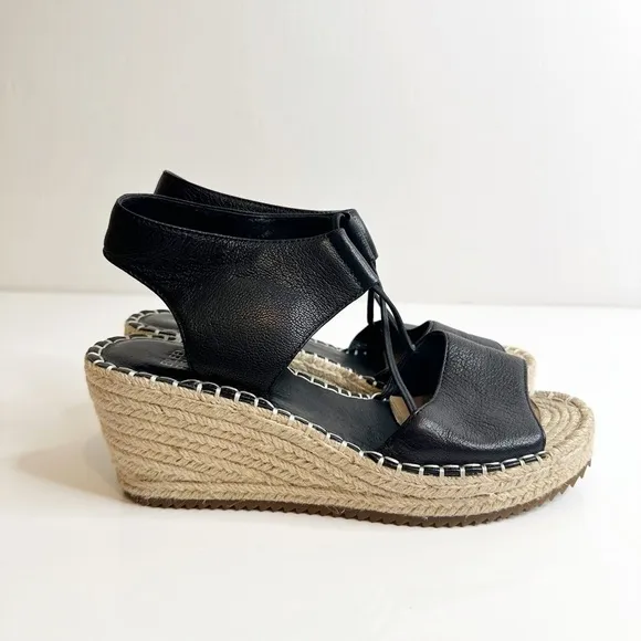 Eileen Fisher Agnes Slip On Espadrilles Wedge Sandals Black Leather Women's 7