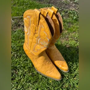El Alacran De Durango Mustard Yellow Ostrich Embroidered Western Cowboy Boots