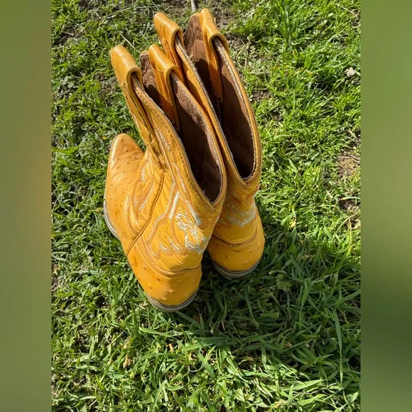El Alacran De Durango Mustard Yellow Ostrich Embroidered Western Cowboy Boots