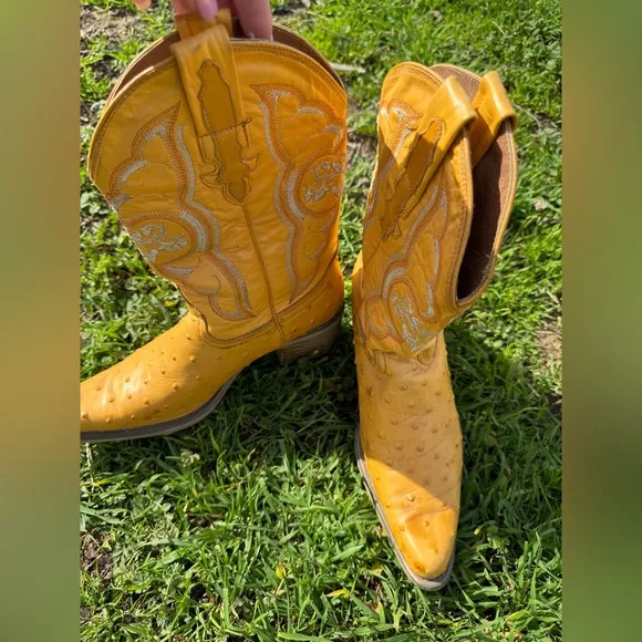 El Alacran De Durango Mustard Yellow Ostrich Embroidered Western Cowboy Boots