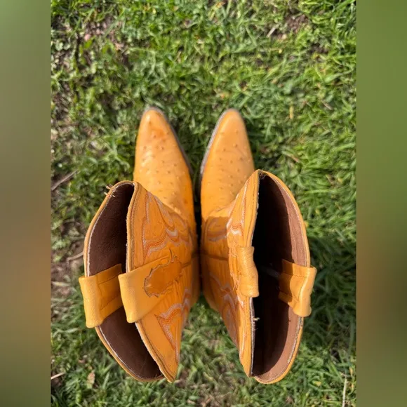 El Alacran De Durango Mustard Yellow Ostrich Embroidered Western Cowboy Boots