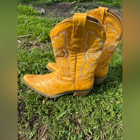 El Alacran De Durango Mustard Yellow Ostrich Embroidered Western Cowboy Boots