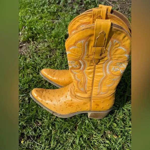 El Alacran De Durango Mustard Yellow Ostrich Embroidered Western Cowboy Boots