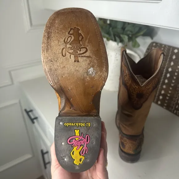 El Malcreado Ladies Hand Tooled Leather Sunflower Western Cowboy Boots - Size 8