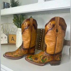 El Malcreado Ladies Hand Tooled Leather Sunflower Western Cowboy Boots - Size 8