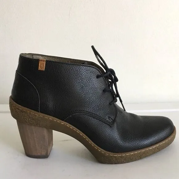 EL NATURALISTA NF74 LICHEN Black Leather Lace Up Ankle Boots Heel 8.5