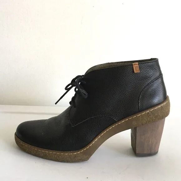 EL NATURALISTA NF74 LICHEN Black Leather Lace Up Ankle Boots Heel 8.5