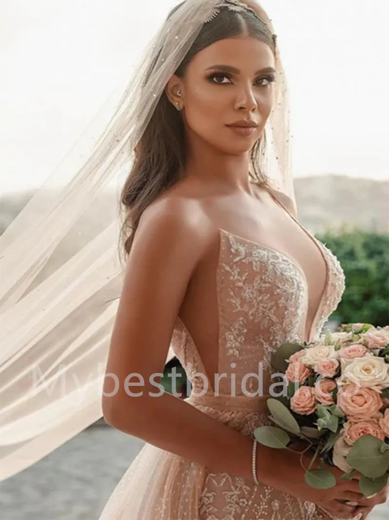 Elegant V-neck  Sleeveless A-line tulle Wedding Dresses, WDY0279