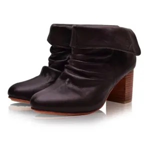 ELF Velvet Moon Black Foldover Leather Chunky Heeled Boots Size 9