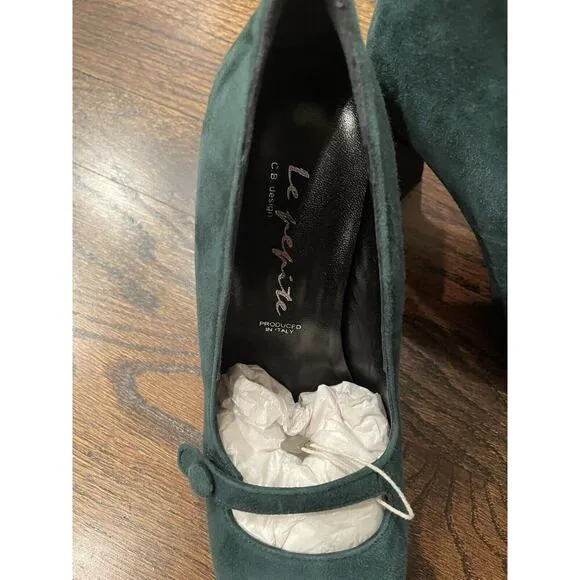 Emerald Green Suede Mary Jane Heels EU 37 US 6 Babydoll Y2K Made In Italy New