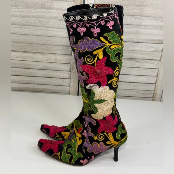 EPOCHE Vintage Velvet Floral Embroidered Boho Women's Knee High Boots-37