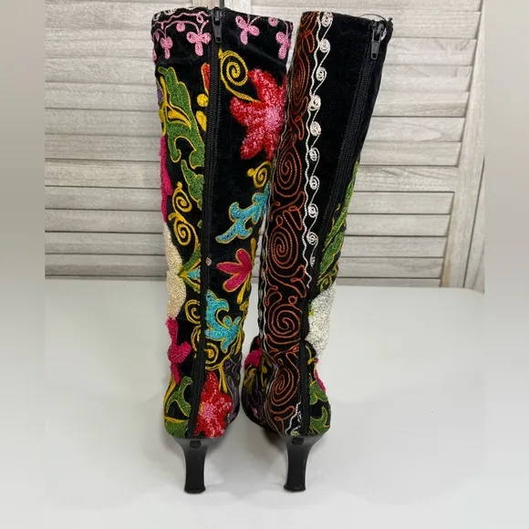 EPOCHE Vintage Velvet Floral Embroidered Boho Women's Knee High Boots-37