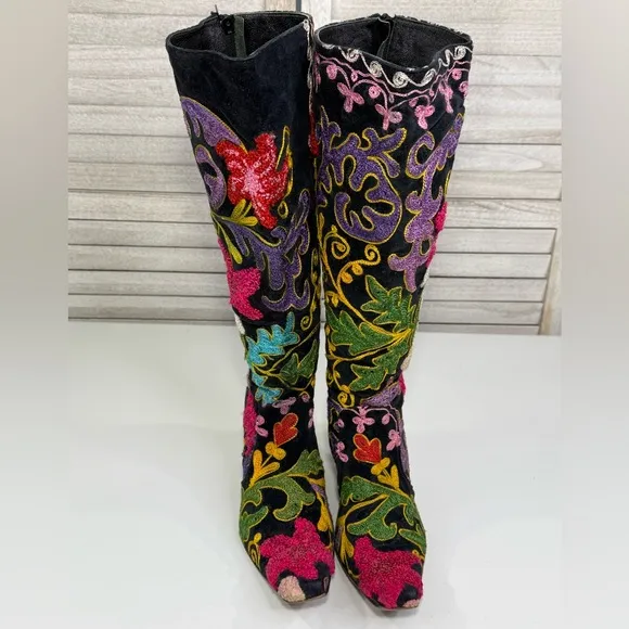 EPOCHE Vintage Velvet Floral Embroidered Boho Women's Knee High Boots-37