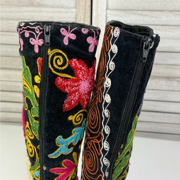 EPOCHE Vintage Velvet Floral Embroidered Boho Women's Knee High Boots-37